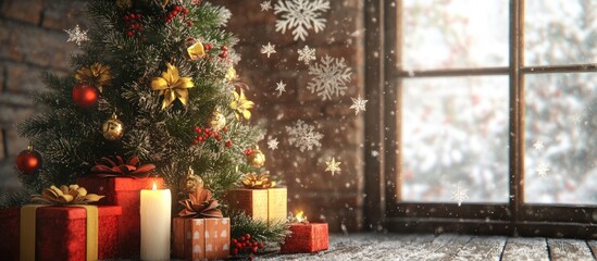Poster - Christmas scene with a decorated green tree adorned with colorful ornaments and gifts in red and gold, warm candles on a rustic wooden background with softly blurred snowflakes outside a window.
