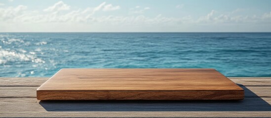 Poster - Tranquil scene featuring a polished wooden board positioned centrally against a serene blue sea and clear sky, evoking calmness and relaxation.