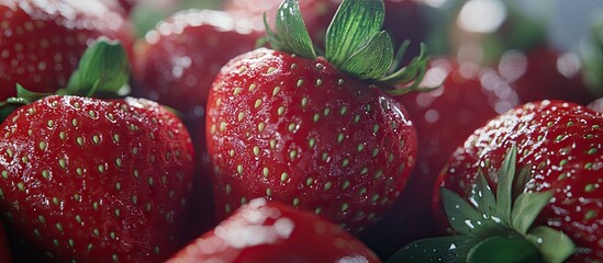 Fototapete - Fresh ripe strawberries glistening in natural light with vibrant red hues and green leaves positioned prominently in the foreground.