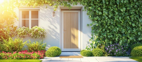 Poster - Lush green plants arranged beautifully in front of a wooden door on a sunny day with soft sunlight illuminating the vibrant colors in a vertical format