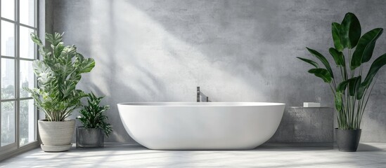 Leinwandbilder - Modern bathroom interior featuring a sleek white bathtub positioned near a large window with natural light, complemented by green plants and a gray stone wall.