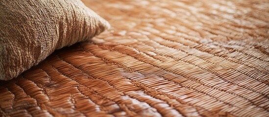Poster - Warm earthy tones of dry raised bark texture on wicker carpets with a soft beige pillow positioned corner, enhancing rustic design aesthetics.