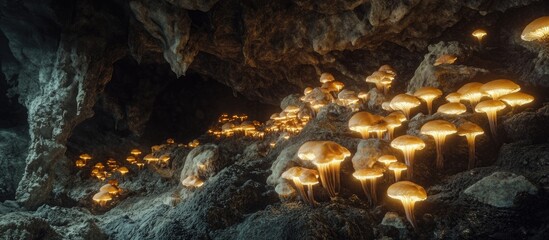 Aufkleber - Glowing mushrooms illuminate a dark cave with soft yellow and warm orange tones creating a magical atmosphere in a shadowy environment.
