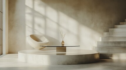 Wall Mural - A minimalist podium with a glass top and a metal base, bathed in soft natural light