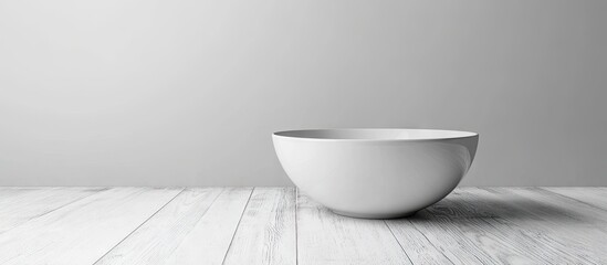 Fototapete - Ceramic bowl mockup on white wooden surface with ample copy space minimalist design neutral gray background for creative presentations and ideas