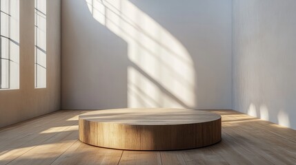 A simple podium with a natural wooden texture, set in an empty, peaceful gallery 