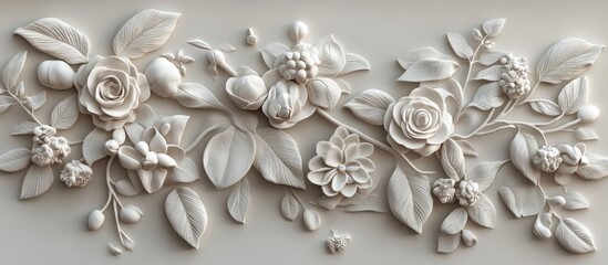 Wall Mural - Elegant 3D relief design showcasing intricate white floral motifs and leaves arranged harmoniously on a light-colored background for a timeless aesthetic.