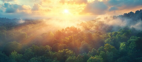 Canvas Print - Golden rays of sunlight filter through vibrant colorful clouds over lush green forests creating a tranquil and inspiring landscape scene