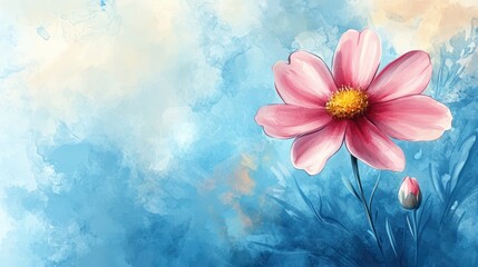 Wall Mural - Pink cosmos flower watercolor painting.