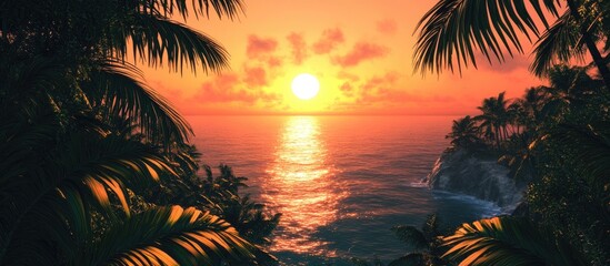 Wall Mural - Vibrant orange and pink sunset reflecting on tranquil ocean framed by tropical palm trees lush greenery creates serene nature scene