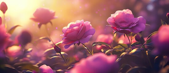 Wall Mural - Vibrant pink rose flowers in a sunlit spring garden, elegantly arranged with soft green leaves and a warm golden background creating a serene atmosphere