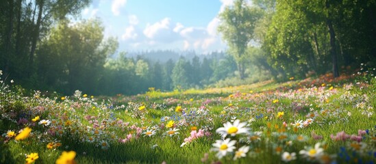 Wall Mural - Vibrant summer wildflowers in a sunlit meadow with lush greenery and a blue sky create a stunning nature landscape ideal for wallpaper.