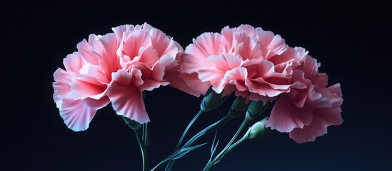 Wall Mural - Delicate soft pink carnation blooms with ruffled petals stand against a deep black background creating stunning visual contrast and elegance.