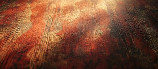 Wall Mural - Grainy wooden table surface with varying warm tones of red and brown, enhancing detailed textures and patterns in a soft, illuminated backdrop.