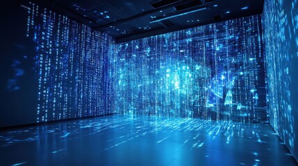 Wall Mural - ethereal digital space with blue light and binary code projection