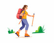 © zahidID: #10462466 - A cheerful female hiker, wearing a yellow top, purple pants, and orange hiking boots, is depicted in a dynamic, cartoon-style illustration.