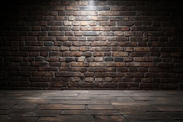 Wall Mural - Spotlight on dark brick wall, stone floor, background texture, product display