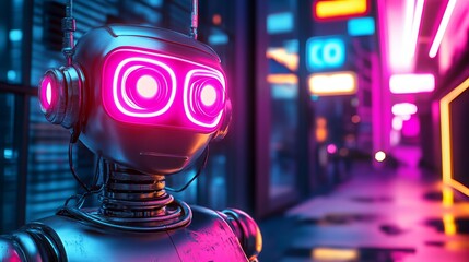 Neon Lights Illuminate Futuristic Robot Character in a 3D Rendered Concept. 