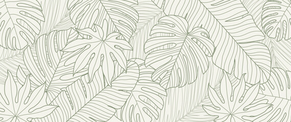 Wall Mural - tropical leaves background vector. natural jungle monstera palm leaves design in minimal pale green 