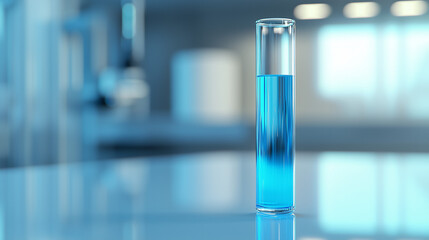 Wall Mural - A glass test tube filled with bright blue liquid on a pristine white lab table. Soft lighting creates a gentle glow, with a blurred, minimalistic background of abstract lab equipment shapes.