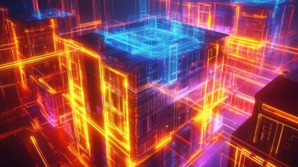 Wall Mural - neon cityscape with abstract light trails and futuristic design