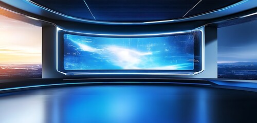 A sleek virtual background of a futuristic office featuring a large holographic display and cool blue tones