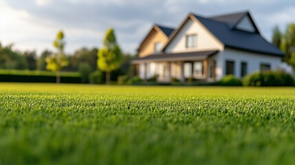 A suburban house with a lush green lawn under a bright blue sky.