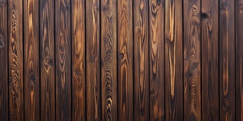 Wall Mural - Dark stained wooden planks with natural grain patterns arranged vertically, creating a rustic and warm texture ideal for backgrounds or overlays.