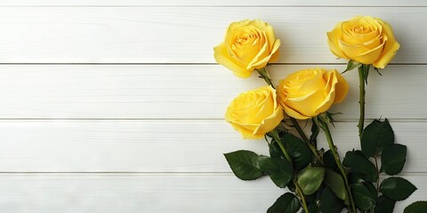 Sticker - Bright yellow roses elegantly arranged on a white wooden backdrop from an overhead perspective with ample space for text on the left side.