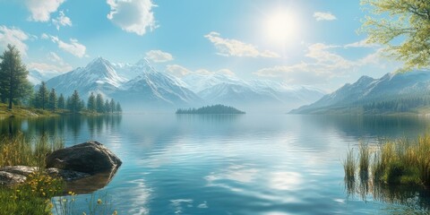 Sticker - Tranquil mountain lake with crystal clear water reflecting blue sky and clouds, surrounded by lush green trees and distant snow-capped peaks.