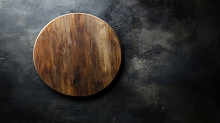 Wooden food board in rich grain details on dark textured background with soft lighting. Generative AI