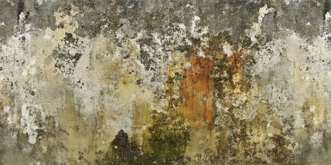 Wall Mural - Textured grunge wall with mottled green yellow and orange patterns primarily in the center fading into gray and white tones creating a rustic appearance