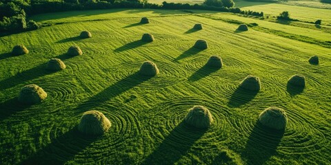 Poster - Aerial view of lush green field with round hay bales casting long shadows in afternoon light surrounded by trees and open landscape.