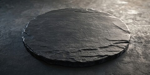 Canvas Print - Black circular stone slab on a textured dark surface with subtle lighting creating soft shadows, emphasizing the rough edges and natural pattern.