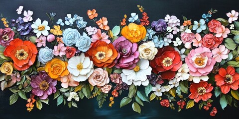 Sticker - Vibrant floral arrangement featuring multicolored roses, daisies, and lilacs in shades of red, pink, orange, blue, and white against a dark background.