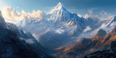 Poster - Majestic snow-capped mountain peak illuminated by soft morning light surrounded by rugged rocky terrain and lush valley in the foreground