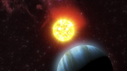 Wall Mural - A powerful sun shines brightly over Jupiter in space.

The star radiates intense light and energy, while Jupiter with its characteristic bands of clouds orbits beneath it, set against a deep cosmic ba