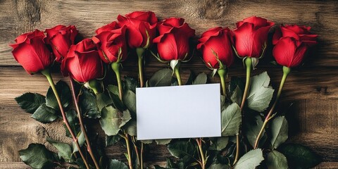 Canvas Print - Vibrant red roses arranged in a line on a wooden table with a blank white note card resting among lush green leaves