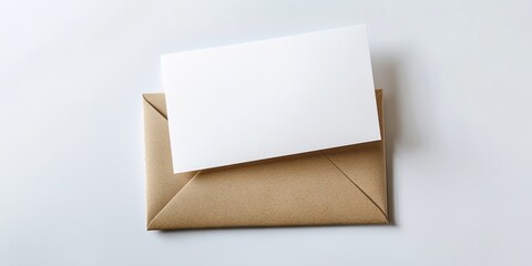 Canvas Print - Blank white card placed on top of a brown envelope on a light gray background, minimalistic design emphasizing simplicity and elegance.