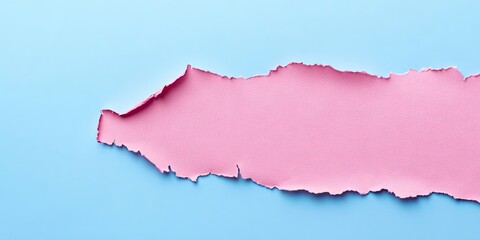 Sticker - Torn pink paper fragment on a blue background creates ample copy space with jagged edges featuring a soft top view perspective design.