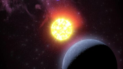Wall Mural - A powerful sun shines brightly over a distant moon-like planet.

The star radiates intense light and energy, while the moon-like planet with its dark surface orbits beneath it, set against a deep cosm
