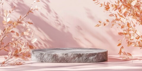 Canvas Print - Elegant round gray pedestal surrounded by soft pink tones and delicate golden foliage casting gentle shadows in a serene composition.