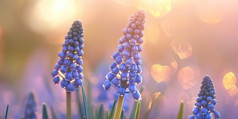 Sticker - Blooming muscari grape hyacinth in spring with blue flowers positioned in the foreground against a softly toned background of pastel heart shaped bokeh