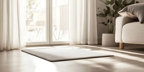 Canvas Print - Soft beige mat placed on light wooden floor, sun casting shadows near large window, with potted plant and cozy couch in a serene home setting