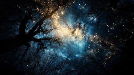 Aufkleber - Night sky wonders constellations and cosmic beauty under a starry tree canopy nature's enchantment dreamy perspective