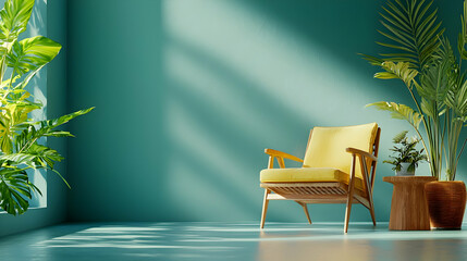 Poster - Yellow armchair in teal room, sunlight, plants. Home decor