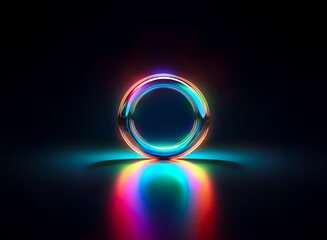 Wall Mural - a luminous ring with a rainbow gradient illuminates against a dark background, casting vibrant refle