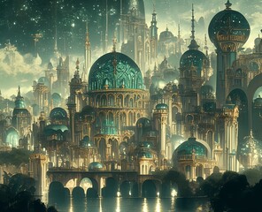 Wall Mural - The Emerald City with its baroque architecture and jewel-covered buildings glistens at sunrise in the surrounding desert