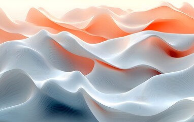 Wall Mural - An abstract landscape of flowing waves in soft hues of orange and white, creating a serene and calming visual experience, conveying fluidity and motion.