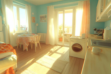 Poster - Sunny apartment kitchen, breakfast table, balcony view